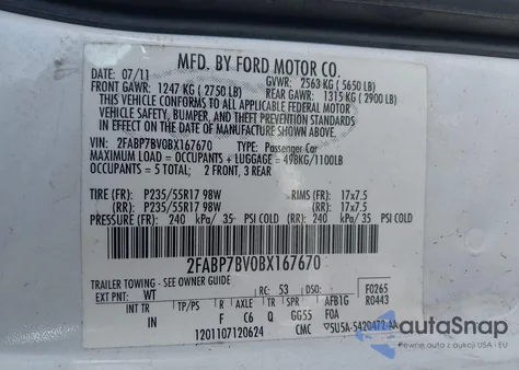 2011 Ford Crown Victoria Police Interceptor z USA, uszkodzony, nr VIN 2FABP7BV0BX167670